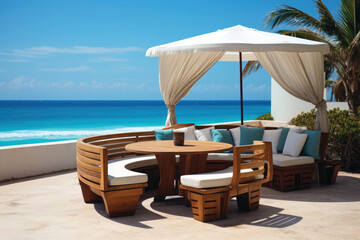 Fototapeta na wymiar Chairs and umbrella on the beach resort
