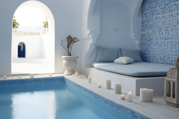 Traditional Greek Bathhouse With Whitewashed Walls And Blue Accents