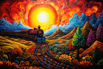 Train Traveling Through Countryside Painted With Crayons