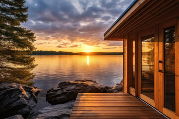 Tranquil Lakeside Sauna With Stunning Sunset View