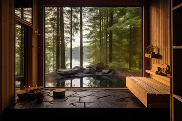 Fototapeta na wymiar Tranquil Sauna Escape With View Of The Forest