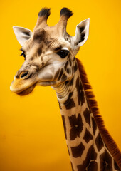 Obraz premium Animal portrait of a giraffe on a yellow background conceptual for frame