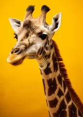 Foto op Plexiglas Animal portrait of a giraffe on a yellow background conceptual for frame © gnpackz