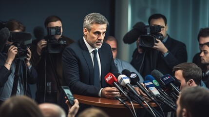 intensity of a press conference as a public speaker addresses a television camera, conveying vital information to the world. - obrazy, fototapety, plakaty