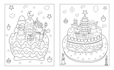 Christmas cake with festive decoration. Baked sponge dessert with Xmas stick, gingerbread house, firs, berries.