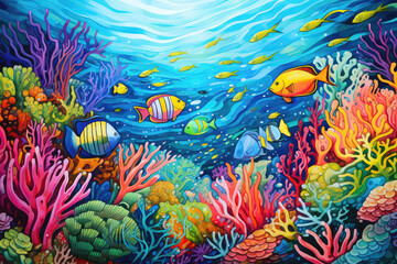 Fototapeta na wymiar Vibrant Coral Reef With Fish Painted With Crayons