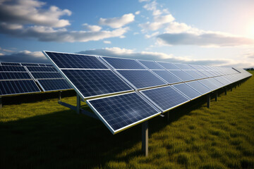 Trabajadores fotovoltaicos con paneles solares captan la energía del sol y la convierten en electricidad, una solución sostenible para el futuro. - obrazy, fototapety, plakaty