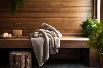 Wooden Sauna Bench With Plush Cushions And Towels - obrazy, fototapety, plakaty