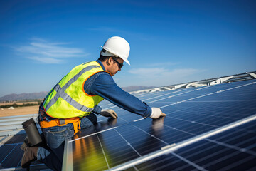 Trabajadores fotovoltaicos con paneles solares captan la energía del sol y la convierten en electricidad, una solución sostenible para el futuro.
