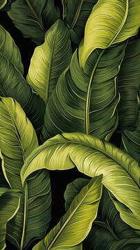 closeup green leaves banana trees illustration safari amazonian background gold butcher design milk flume