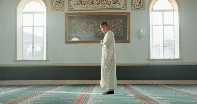 Muslim man, praying and mosque with faith, profile and mindfulness with worship, praise or gratitude. Islamic person, religion and peace with trust, prayer and thinking with meditation in Palestine