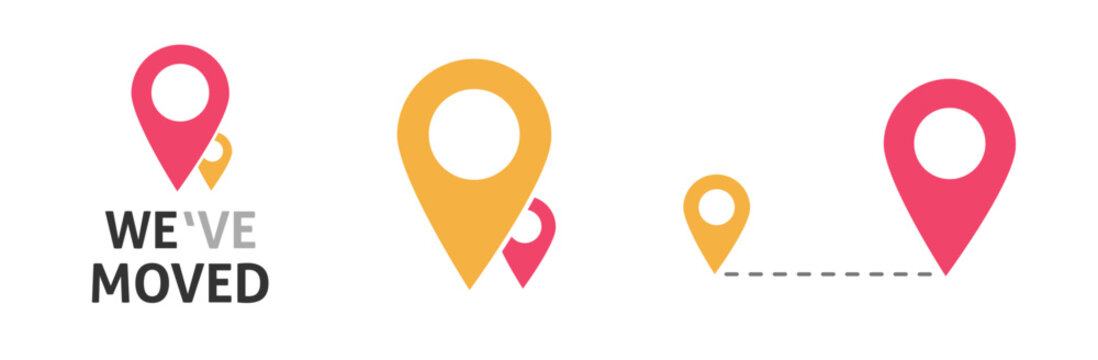 We have moved new office address location icon vector graphic illustration, guide map pin pointer or store shop design, moved place route position navigation marker image clipart set