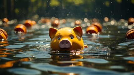 Pig sinks into the water. Piggy bank drowning in bankruptcy debt concept. - obrazy, fototapety, plakaty