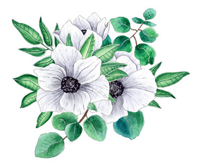 Watercolor White Flower Bouquet Arrangement