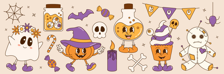 Groovy retro halloween sticker set. Retro cartoon characters and halloween elements. Comic mascots