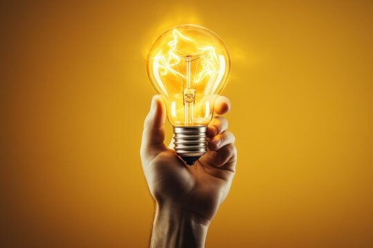 Creative Hands catching light bulb. Human bright creation. Generate ai