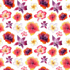 Tropical Floral Seamless Pattern with watercolor flowers