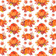Seamless watercolor autumn pattern design: pumpkins with fall leaves