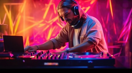 Obraz na płótnie Canvas candid an excited DJ young scandinavian man mixing music at turntables with headphones. beautiful Generative AI AIG32
