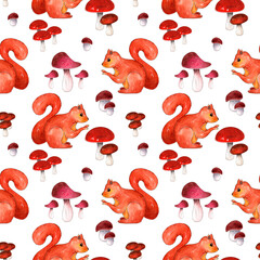Pattern Design with watercolor squirrel and mushrooms suitable for autumn fall designs.
