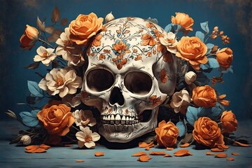 Skull and Flowers Day of The Dead Vintage illustration. ai generative