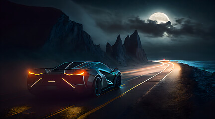 concept design of a futuristic electric super sportscar driving at night