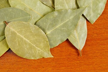 Bay leaf on the table. A popular spice used in cooking.