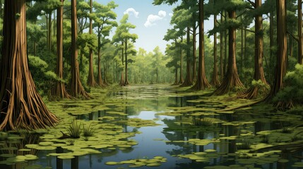 water cypress swamp dense illustration park green, wilderness moss, view national water cypress...