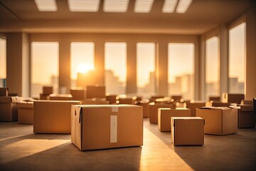 cardboard boxes in a large empty bright room relocation. ai generative