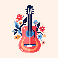 Whimsical and Sleek Minimal Line Art of a Stylized Colorful Guitar