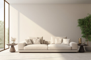 Modern Minimal Living Room: Beige Sofa, Daylight Design, Freshness Mock-Up Background.