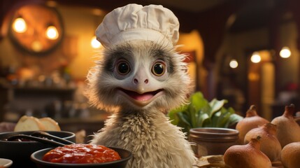 A tiny cute ostrich chef, claymation style.