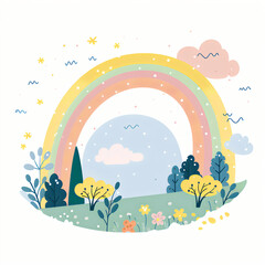 Whimsical Rainbow Illustration in Minimalist Line Art and Sleek Stylized Form