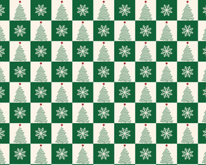 checkered pattern and christmas tree seamless pattern design vector. snowflakes and checkered background. christmas trees pattern for wrapping paper, packaging, scrapbooking, fabrics and other decor. 