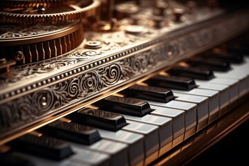 Fototapeta na wymiar Closeup old piano. Old key music. Generate Ai