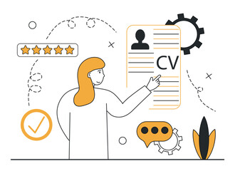 Hiring illustration . HR manager searches for potential job candidates, selects candidates and invites them to an interview.Job recruitment process concept. Vector illustration.