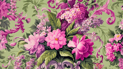 Electric, Hot Pink Parisian Inspired Rococo Flower Background in Purple, Green, and Pink Pastel - Vintage 17th Century French Inspired Floral Background or Wallpaper