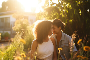 Biracial lesbian couple sitting and embracing in garden at sunset