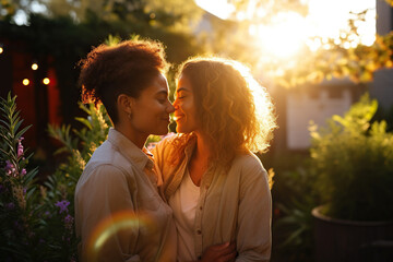 Biracial lesbian couple sitting and embracing in garden at sunset