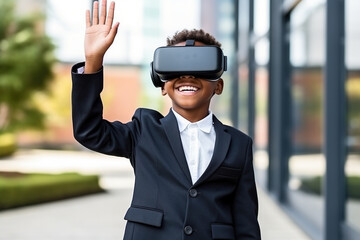 Cheerful African American elementary schoolboy gesturing while wearing vr glasses