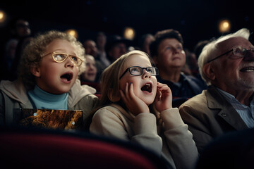 Grandparents and grandchildren watching a movie in cinema - obrazy, fototapety, plakaty