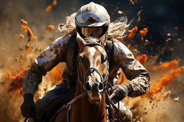 Fototapeta premium Jockey champion on racing horse in field