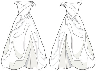 Off shoulder draped ball gown wedding dress design flat sketch fashion illustration with front and back view, Strapless draped bridal dress flat sketch cad drawing template