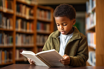 Happy black boy reading book in library