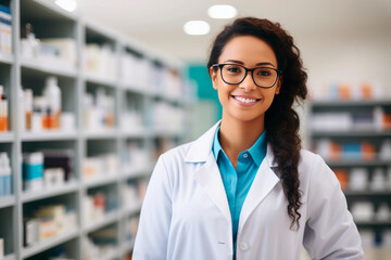 Portrait of Young Beautiful Professional Female Pharmacist Looks at Camera Smiling Charmingly. Drugstore Store with Shelves Health Care Products
