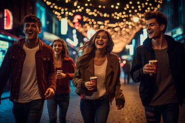 Four smiling friends cheering with hot drinks on a New Years night, enjoying and laughing togetherness on the street. - obrazy, fototapety, plakaty