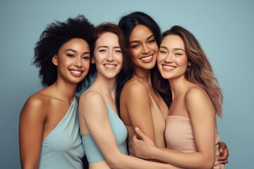 Group of  women with different skin tones smiling and embracing each other. Beautiful woman in pastel dress isolated on blue background. Four diverse women feeling comfortable in their natural skin.