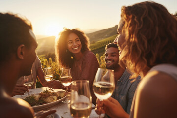 Smiling friends doing a wine tasting in vineyard