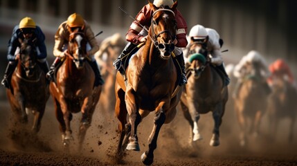 Racehorse and jockeys sprint down the home straight in a thrilling display of speed and determination - obrazy, fototapety, plakaty