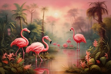 Vintage tropical forest painting with palm trees, flamingo birds, and a river. Generative AI - obrazy, fototapety, plakaty